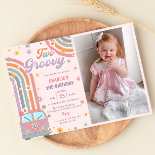 Two Groovy Retro Daisy 2nd Birthday Party Photo  Invitation