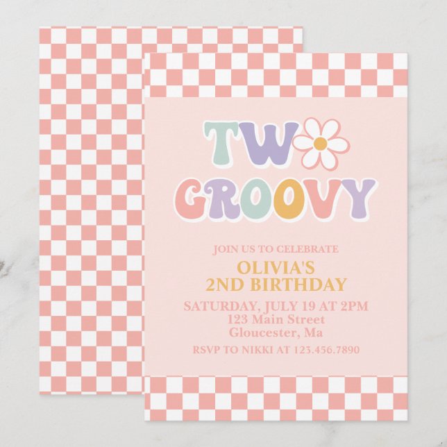 Two Groovy Retro Daisy and Checker 2nd Birthday Invitation (Front/Back)