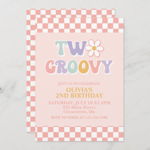 Two Groovy Retro Daisy and Checker 2nd Birthday Invitation