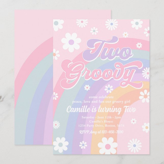 Two Groovy Retro Daisy Pastel Rainbow Birthday Invitation (Front/Back)