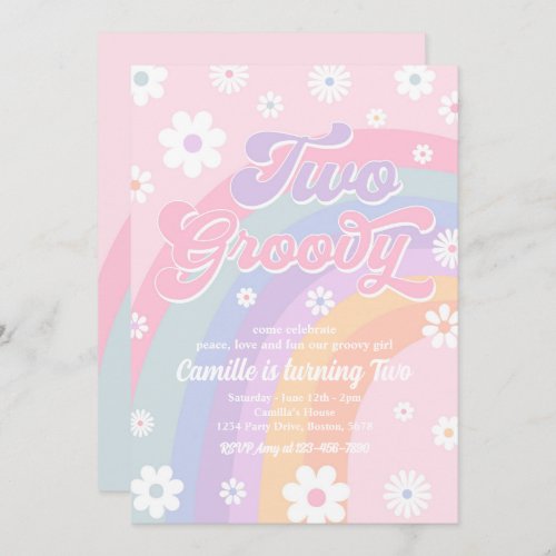 Two Groovy Retro Daisy Pastel Rainbow Birthday Invitation