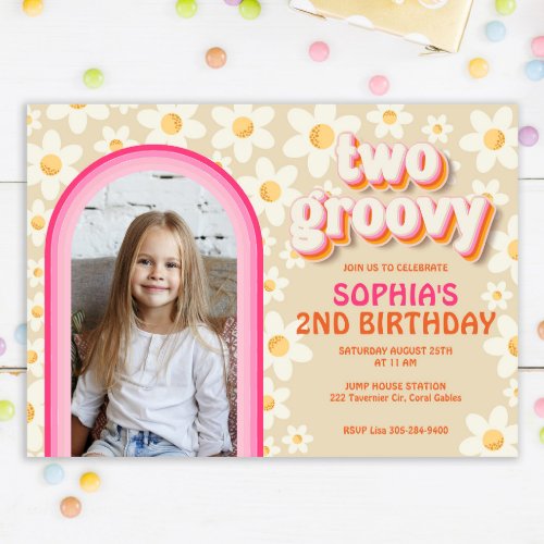 Two Groovy Retro Daisy Photo Birthday Invitation