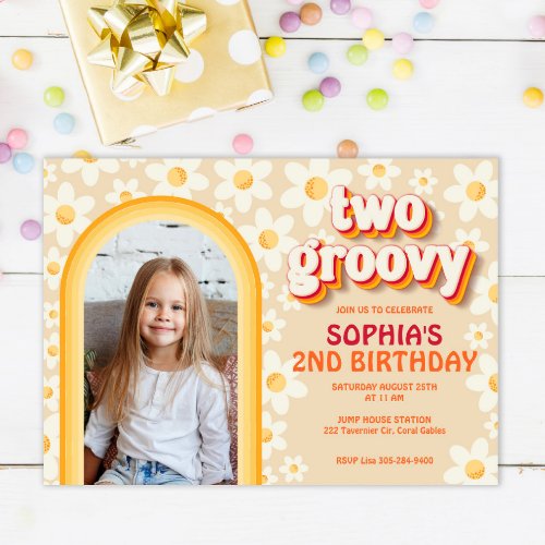 Two Groovy Retro Daisy Photo Birthday Invitation