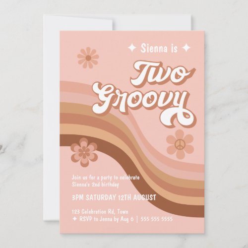 Two Groovy Retro Daisy Pink Girl Birthday  Invitation