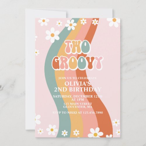 Two Groovy Retro daisy rainbow 2ND birthday Invitation