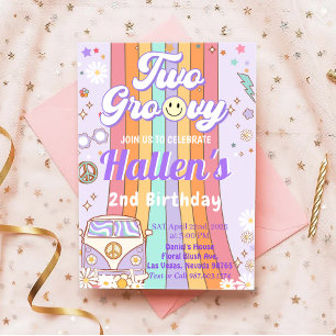 Two Groovy Retro Daisy Rainbow 2nd Birthday Invitation