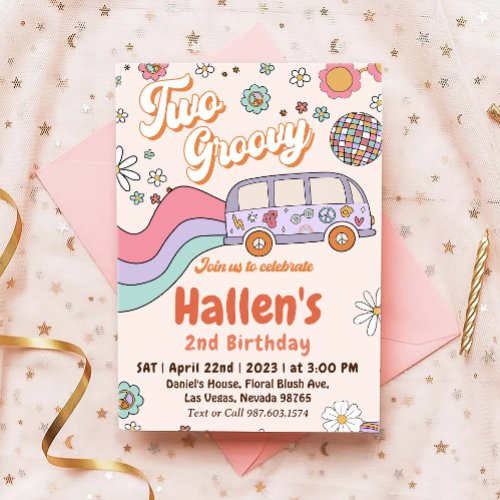 Two Groovy Retro Daisy Rainbow 2nd Birthday Invitation