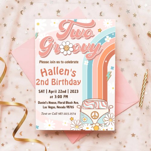 Two Groovy Retro Daisy Rainbow 2nd Birthday Invitation