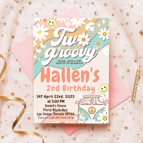 Two Groovy Retro Daisy Rainbow 2nd Birthday Invitation