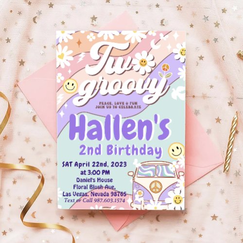 Two Groovy Retro Daisy Rainbow 2nd Birthday Invitation