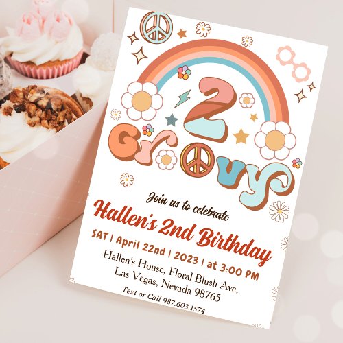 Two Groovy Retro Daisy Rainbow 2nd Birthday Invitation