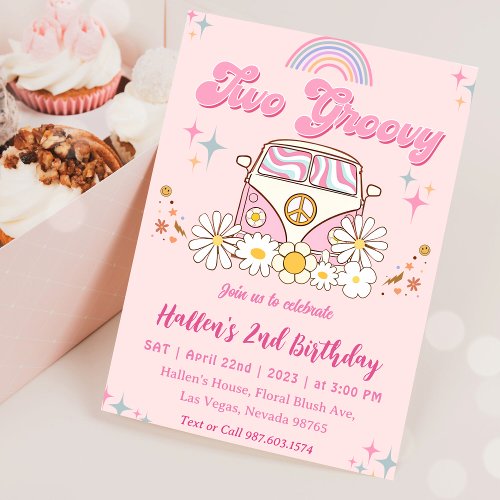 Two Groovy Retro Daisy Rainbow 2nd Birthday Invitation
