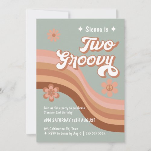 Two Groovy Retro Daisy Sage Green 2nd Birthday Invitation