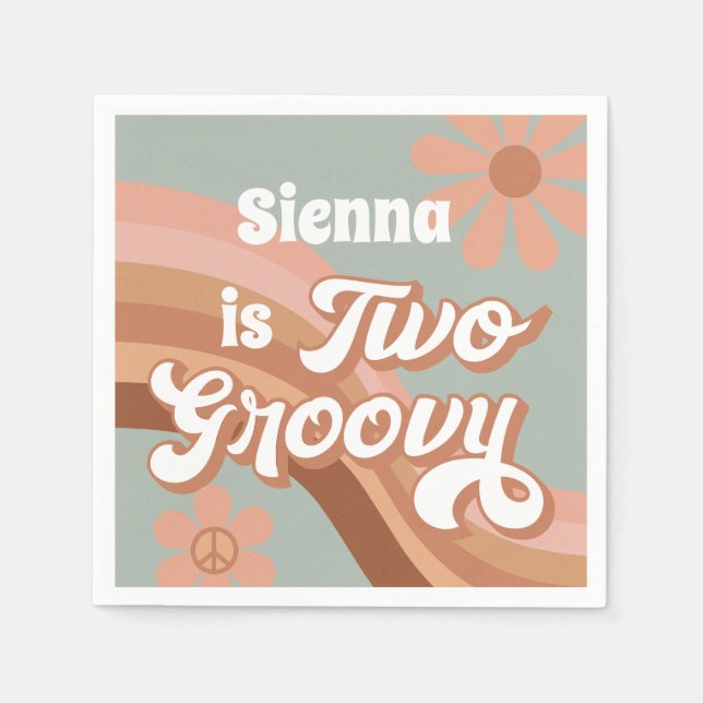 Two Groovy Retro Daisy Sage Pink 2nd Birthday  Napkins (Front)