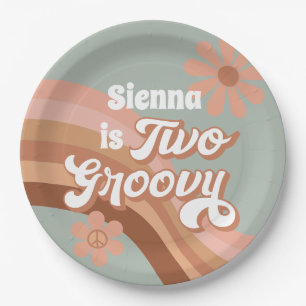 Two Groovy Retro Daisy Sage Pink 2nd Birthday Paper Plates