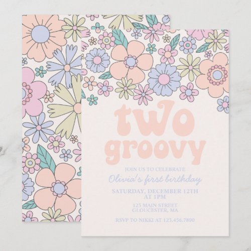 Two Groovy Retro Floral 2nd birthday Invitation