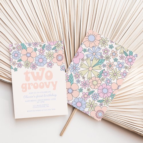 Two Groovy Retro Floral 2nd birthday Invitation