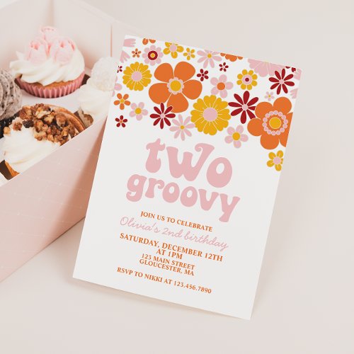 Two Groovy Retro Floral 2nd birthday Invitation