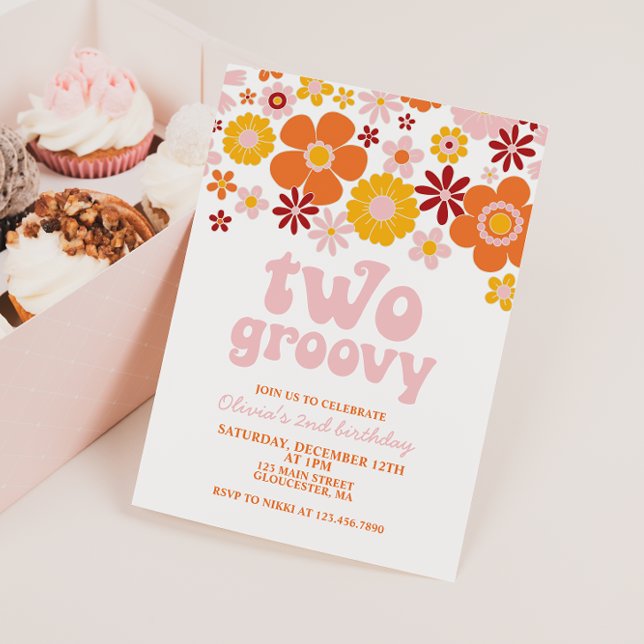 Two Groovy Retro Floral 2nd birthday Invitation (Creator Uploaded)