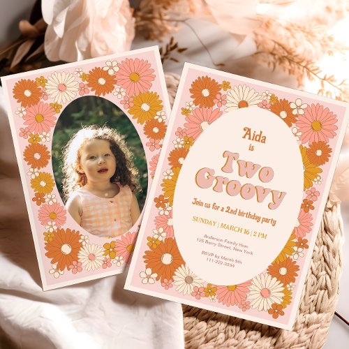 Two Groovy Retro Floral 2nd Birthday Invitation