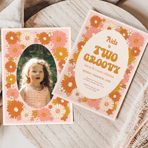 Two Groovy Retro Floral 2nd Birthday Invitation