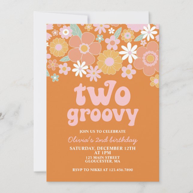 two Groovy Retro Floral 2nd birthday Invitation (Front)