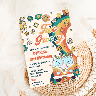 Two Groovy Retro Floral 2nd Birthday Party Invitat Invitation