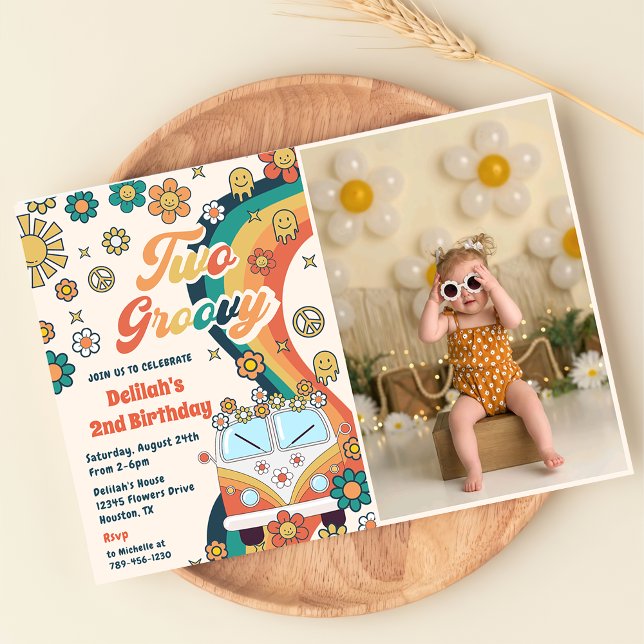 Two Groovy Retro Floral 2nd Birthday Party Photo  Invitation (Creator Uploaded)