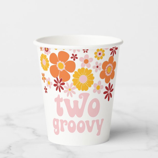 Two Groovy Retro Floral Birthday Paper Cups (Front)