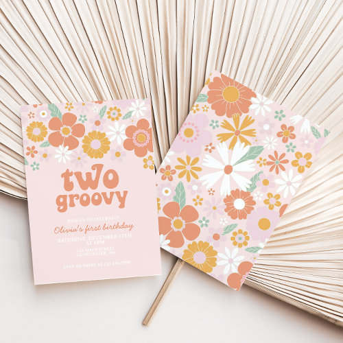 Two Groovy Retro Floral first birthday Invitation