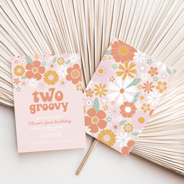 Two Groovy Retro Floral first birthday Invitation (Creator Uploaded)