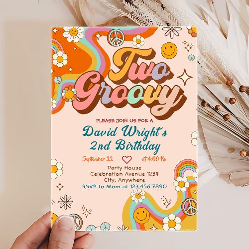 Two Groovy Retro Floral First Birthday Invitation