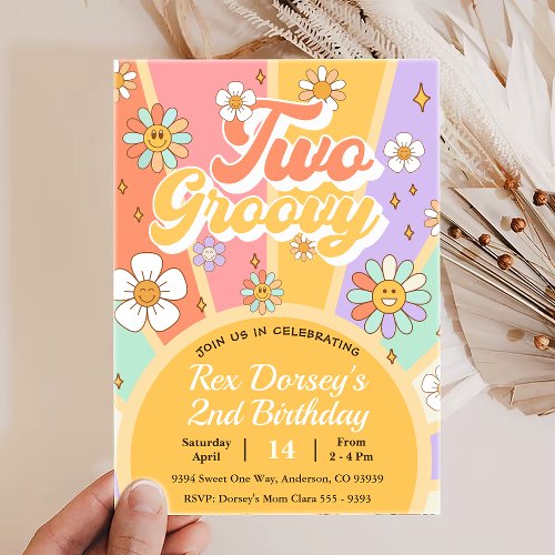 Two Groovy Retro Floral First Birthday  Invitation