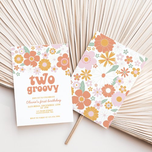 Two Groovy Retro Floral first birthday Invitation