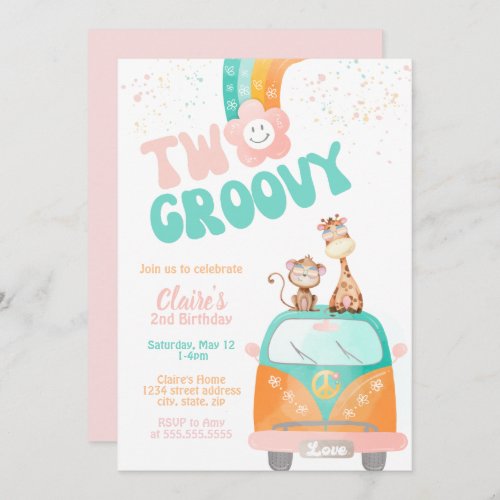 Two Groovy Retro Floral rainbow daisy birthday  Invitation