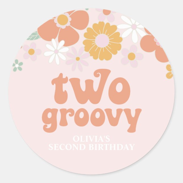 Two Groovy Retro Floral second birthday Classic Round Sticker (Front)
