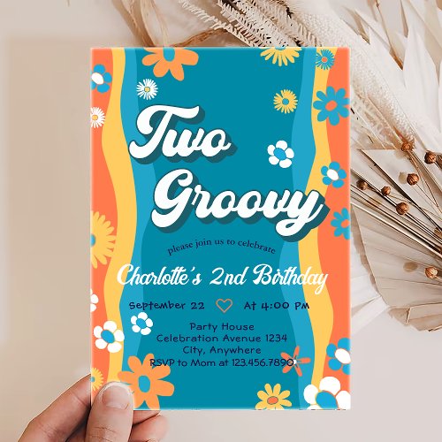 Two Groovy Retro Floral Second Birthday Invitation