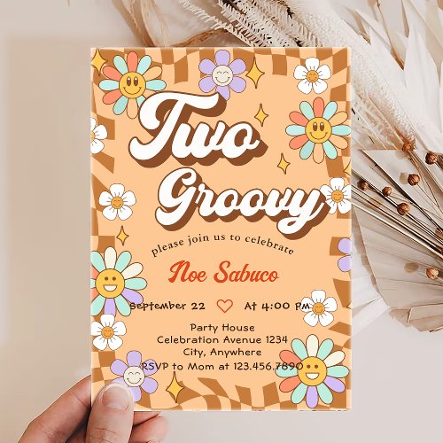 Two Groovy Retro Floral Second Birthday Invitation