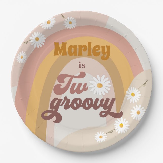 Two Groovy Retro Hippie Daisy Girl 2nd Birthday Paper Plates (Front)