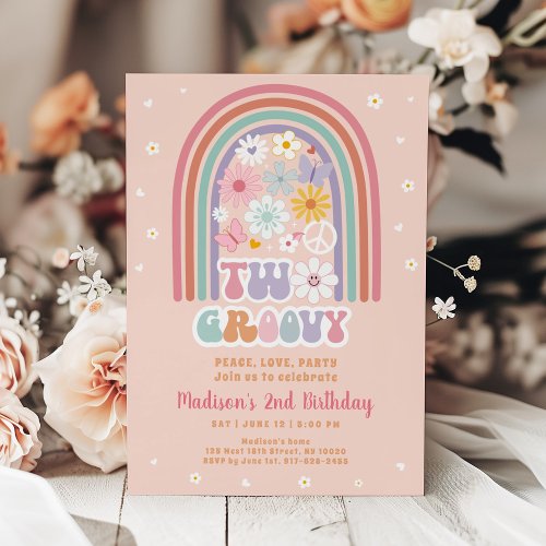 Two Groovy Retro Hippie Flower Birthday Invitation