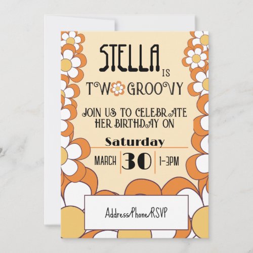 Two Groovy Retro Orange Flower Power 2nd Birthday Invitation