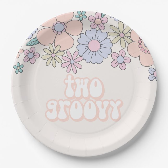 Two Groovy Retro pastel Floral 2nd birthday Paper Plates (Front)