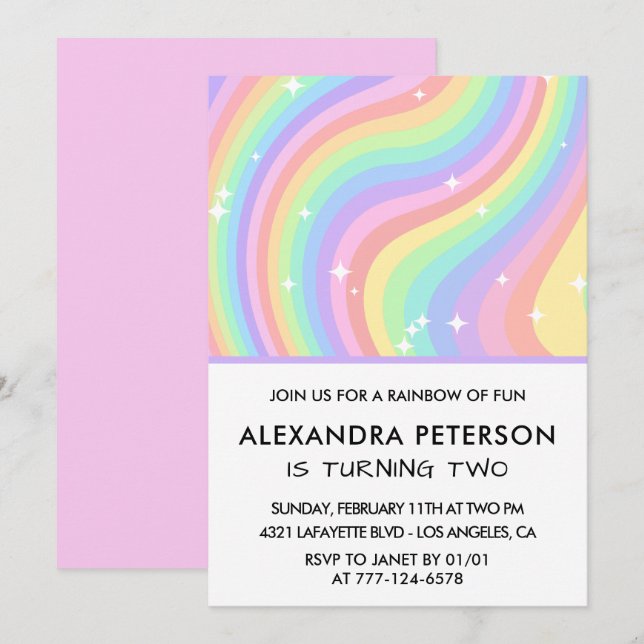 Two Groovy Retro Pastel Rainbow 2nd Birthday Invitation (Front/Back)