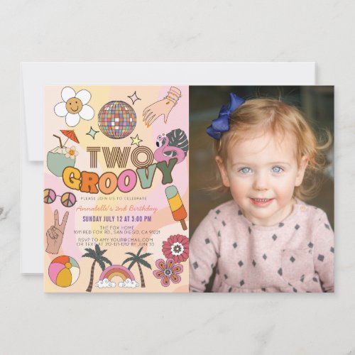 Two Groovy Retro Photo 2nd Birthday Invitation