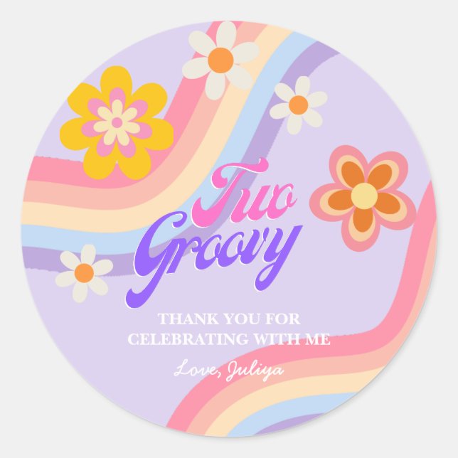 Two groovy Retro Rainbow 2nd Birthday  Classic Round Sticker (Front)