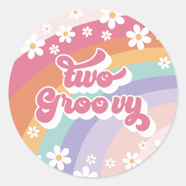Two Groovy Retro Rainbow 2nd Birthday Classic Round Sticker (Front)