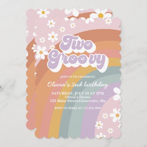 Two Groovy Retro Rainbow 2nd Birthday Invitation