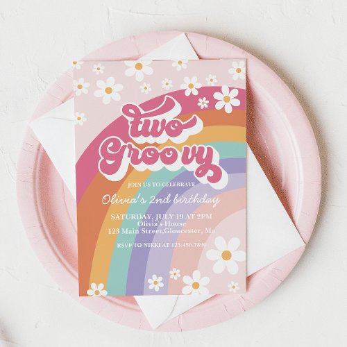 Two Groovy Retro Rainbow 2nd Birthday Invitation