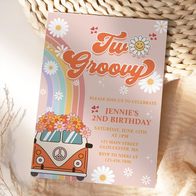 Two Groovy Retro Rainbow 2nd Birthday Invitation (Creator Uploaded)