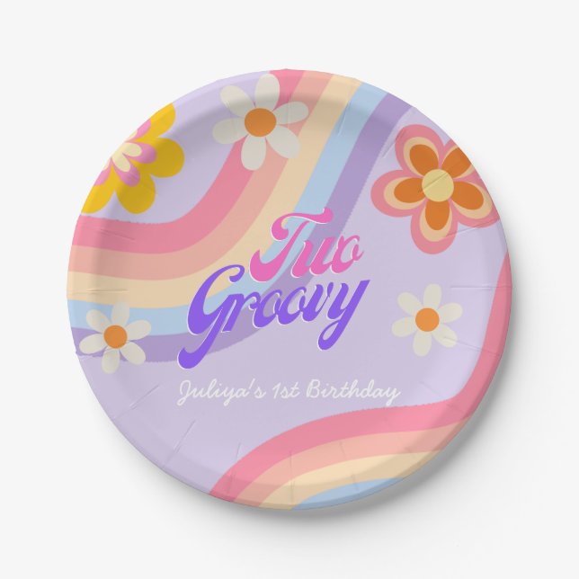 Two Groovy Retro Rainbow 2nd Birthday  Paper Plates (Front)